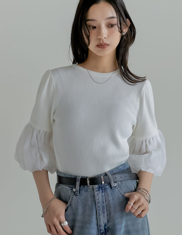 《今だけ！2BUY15%OFFクーポンで ¥3,198⇒¥2,718》【SUMMER TIMESALE 20%OFF】[オケージョン セレモニー][涼感]異素材切り替えバルーンスリーブ七分袖リブニットトップス