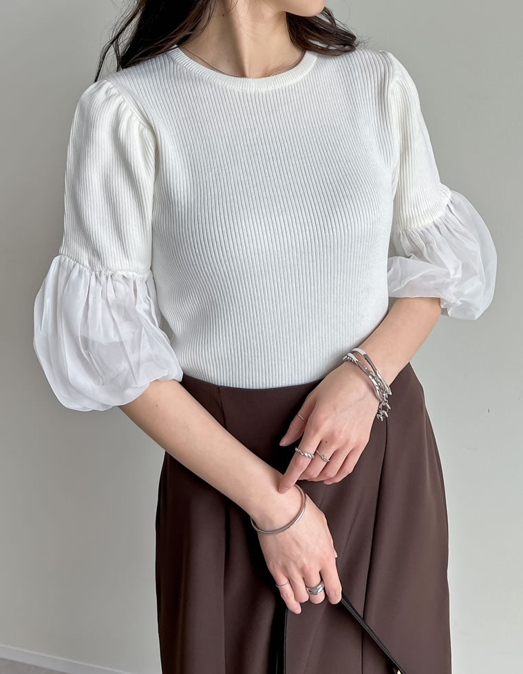 tシャツ Tシャツ リブニットトップスバルーンセット