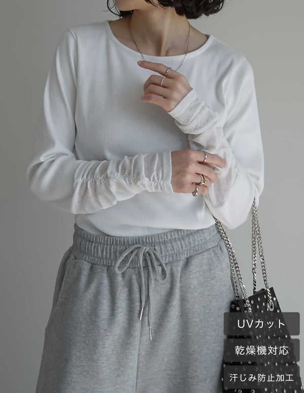 [乾燥機対応][汗じみ防止][UVカット]ストレッチリブシアー切り替えロングスリーブトップス