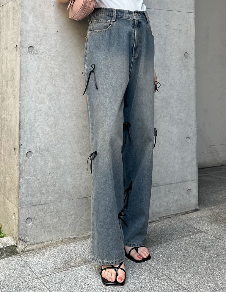 リボン付きルーズワイドデニム - パンツ通販 | 人気レディース