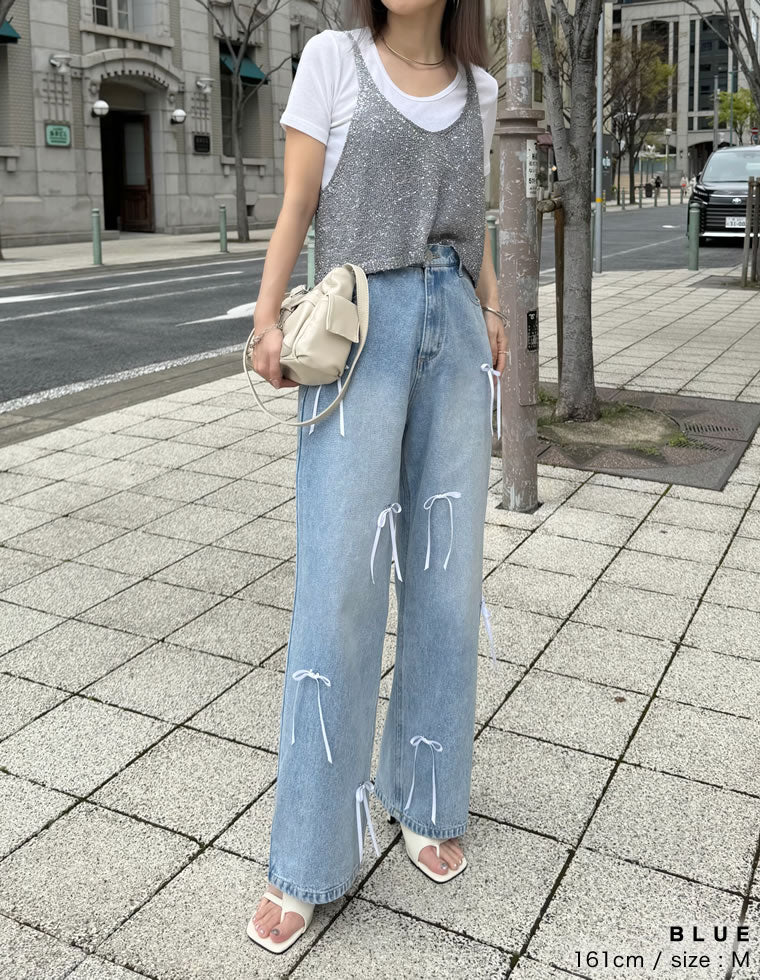リボン付きルーズワイドデニム - パンツ通販 | 人気レディース