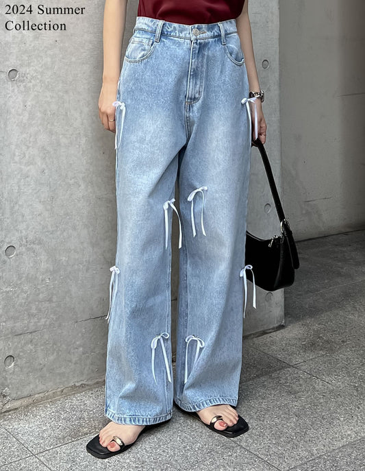 【5/5まで特別プライス20%OFF！¥5,498⇒¥4,399】[2024 SUMMER COLLECTION][森カンナさん着用][低身長/高身長/大きいサイズ有]リボン付きコットンルーズワイドデニムパンツ パンツ レディースファッション通販 リエディ
