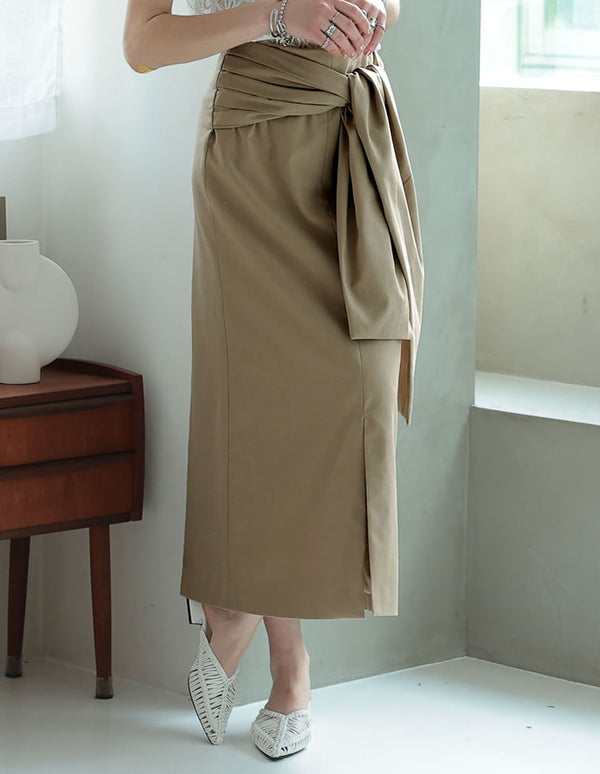 《今だけ！2BUY20%OFFクーポン対象》【限定TIME SALE  20%OFF ¥5,498⇒¥4,398】[低身長サイズ有]リネン混ウエストリボンナロースカート