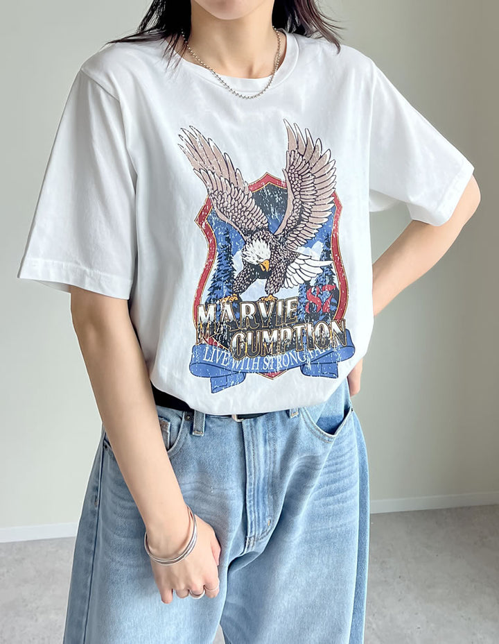 【TIME SALE 50%OFF ¥3,498⇒¥1,749】コットンイーグルプリントヴィンテージライクTシャツ トップス 人気レディースファッション通販 リエディ
