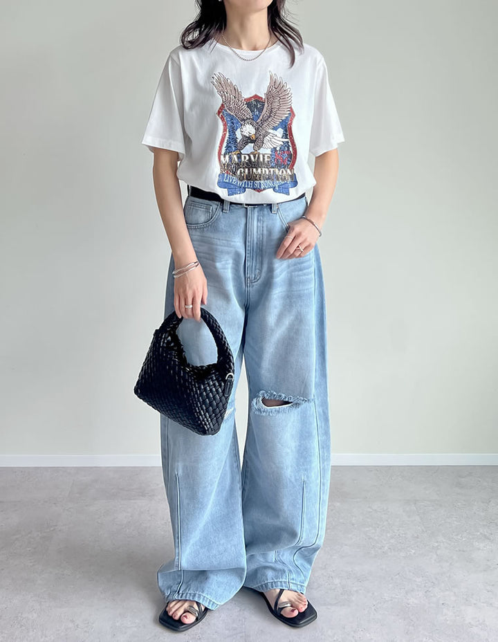 【TIME SALE 50%OFF ¥3,498⇒¥1,749】コットンイーグルプリントヴィンテージライクTシャツ トップス 人気レディースファッション通販 リエディ