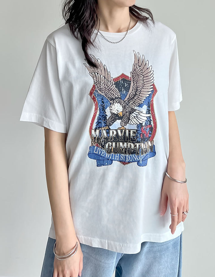 【TIME SALE 50%OFF ¥3,498⇒¥1,749】コットンイーグルプリントヴィンテージライクTシャツ トップス 人気レディースファッション通販 リエディ