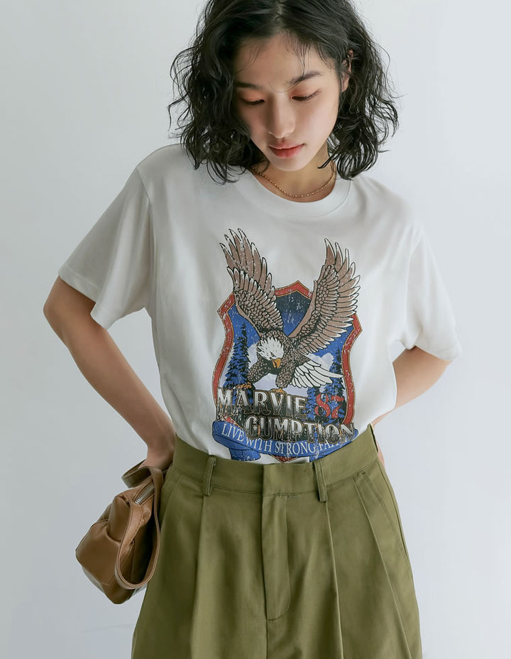 【TIME SALE 50%OFF ¥3,498⇒¥1,749】コットンイーグルプリントヴィンテージライクTシャツ トップス 人気レディースファッション通販 リエディ