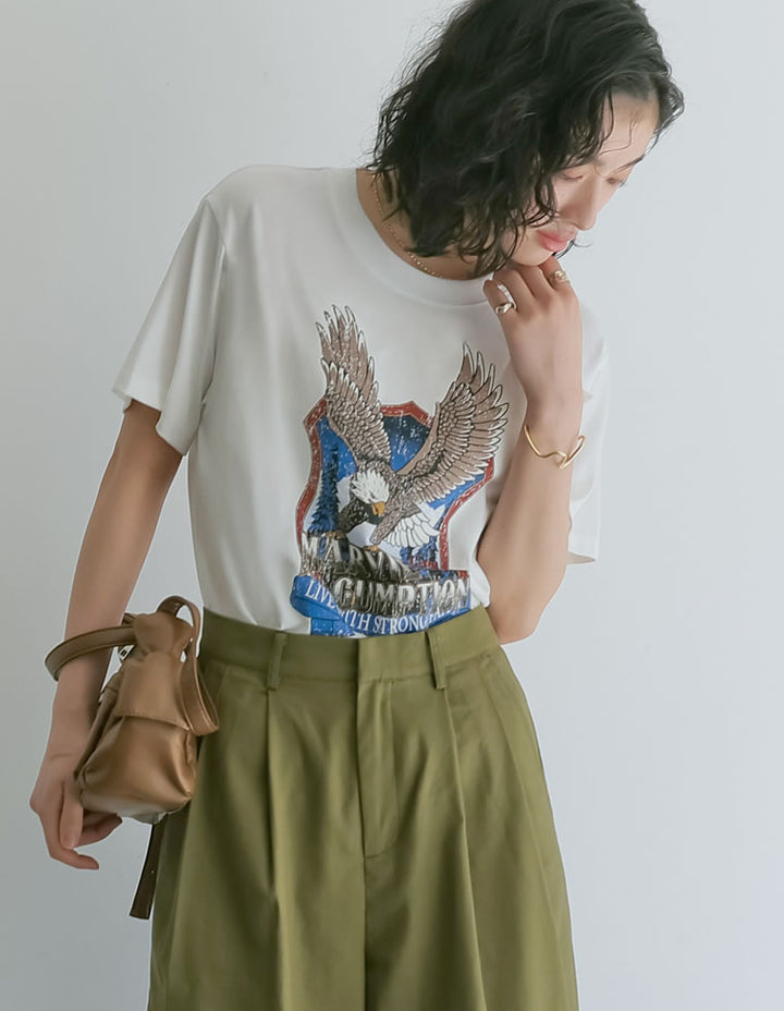 【TIME SALE 50%OFF ¥3,498⇒¥1,749】コットンイーグルプリントヴィンテージライクTシャツ トップス 人気レディースファッション通販 リエディ