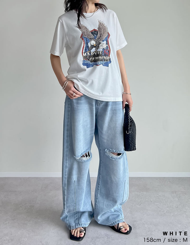 【TIME SALE 50%OFF ¥3,498⇒¥1,749】コットンイーグルプリントヴィンテージライクTシャツ トップス 人気レディースファッション通販 リエディ