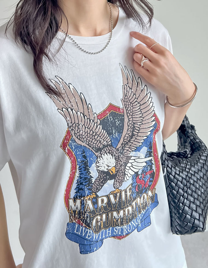 【TIME SALE 50%OFF ¥3,498⇒¥1,749】コットンイーグルプリントヴィンテージライクTシャツ トップス 人気レディースファッション通販 リエディ