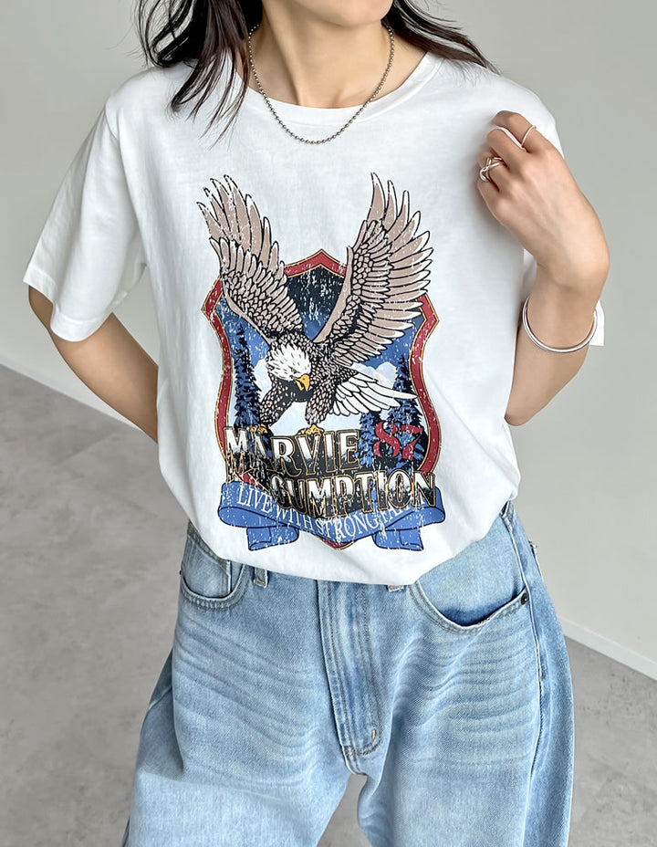 【TIME SALE 50%OFF ¥3,498⇒¥1,749】コットンイーグルプリントヴィンテージライクTシャツ トップス 人気レディースファッション通販 リエディ