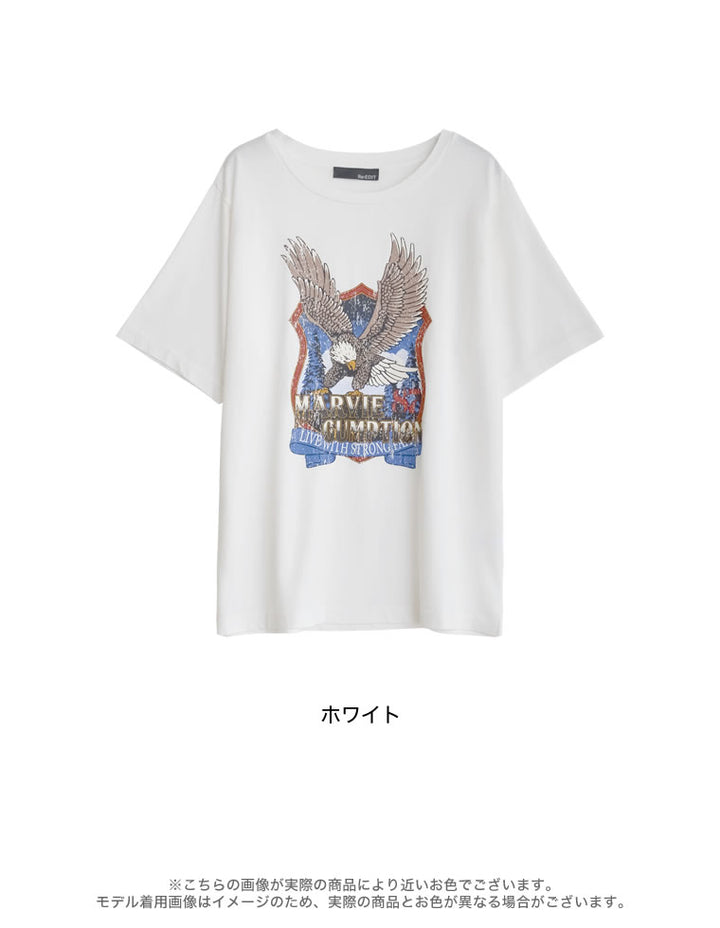 【TIME SALE 50%OFF ¥3,498⇒¥1,749】コットンイーグルプリントヴィンテージライクTシャツ トップス 人気レディースファッション通販 リエディ