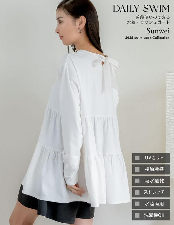【2BUY20%OFFクーポン対象】[DAILY SWIM][UVカット][接触冷感][速乾][水陸両用]ラッシュガードバックリボンティアードフレアトップス[返品交換不可]