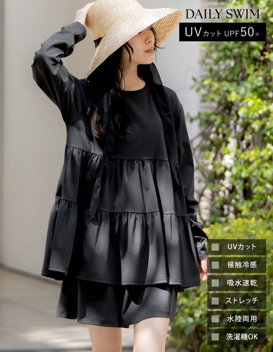 【FINAL SALE 10%OFF】[UVカット][接触冷感][速乾][水陸両用][DAILY SWIM]ラッシュガードバックリボンティアードフレアトップス[返品交換不可]