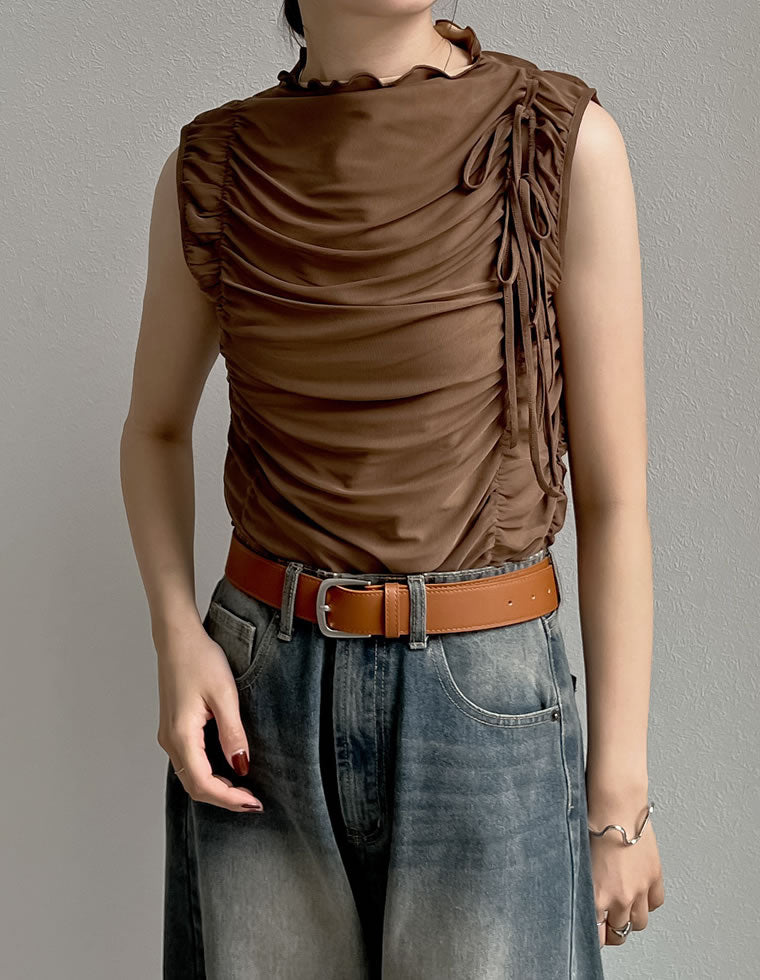 AD2023 チュールギャザーベルトトップス カットソー 長袖 黒