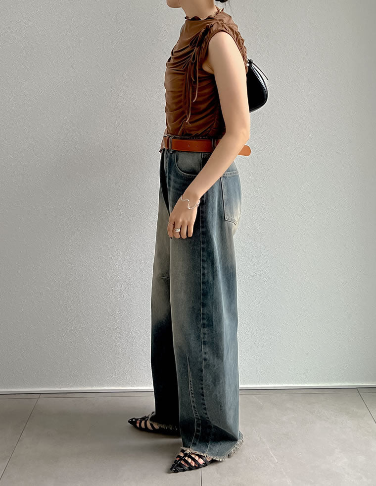 AD2023 チュールギャザーベルトトップス カットソー 長袖 黒