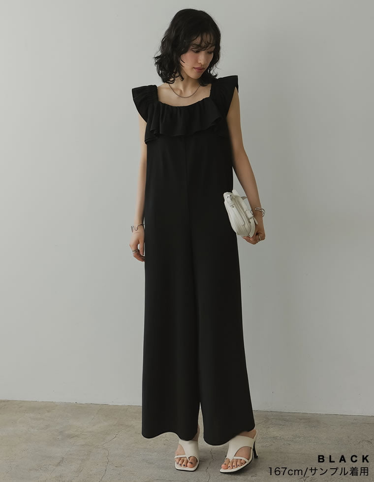 カットジョーゼットフリルデザインオールインワン