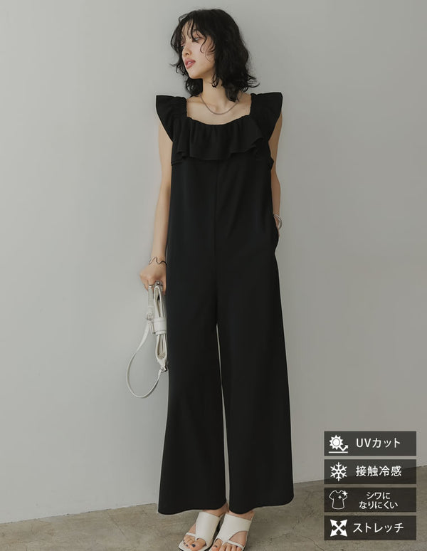 【決算SALE！ 25％OFF】[低身長サイズ有][接触冷感][イージーケア]カットジョーゼットフリルデザインオールインワン