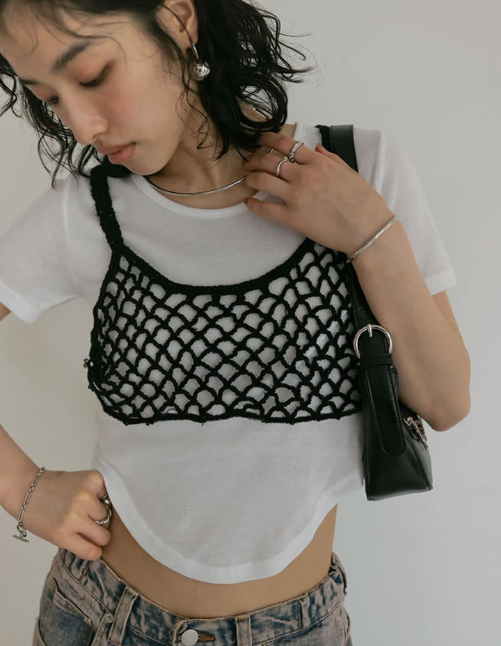 【TIME SALE 50%OFF ¥2,998⇒¥1,499】[2024 SUMMER COLLECTION]メッシュ編みニットショートキャミビスチェ[mb] トップス 人気レディースファッション通販 リエディ
