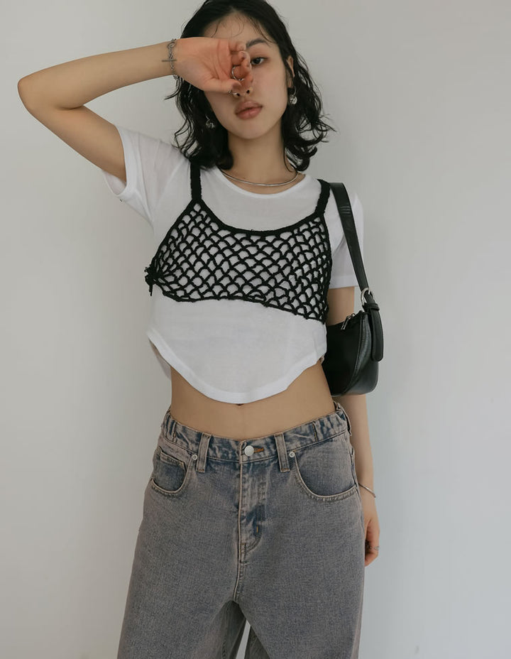 【TIME SALE 50%OFF ¥2,998⇒¥1,499】[2024 SUMMER COLLECTION]メッシュ編みニットショートキャミビスチェ[mb] トップス 人気レディースファッション通販 リエディ