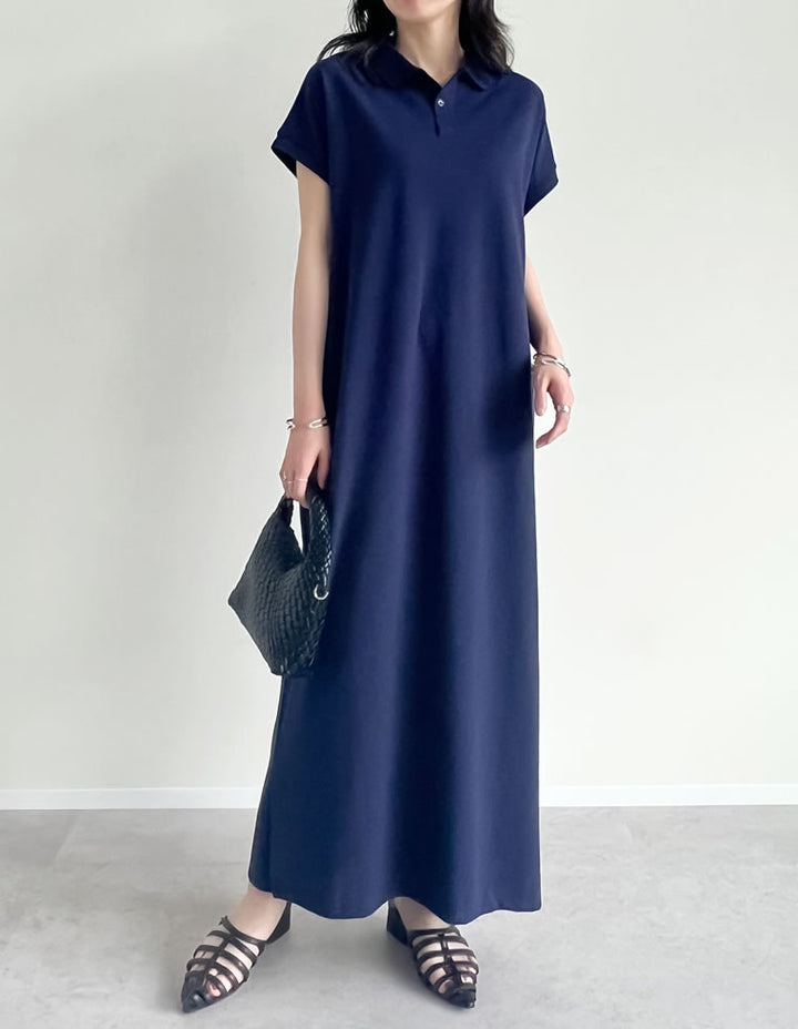 【TIME SALE 10%OFF ¥5,498⇒¥4,948】[低身長サイズ有]フレンチスリーブポロマキシワンピース ワンピース 人気レディースファッション通販 リエディ