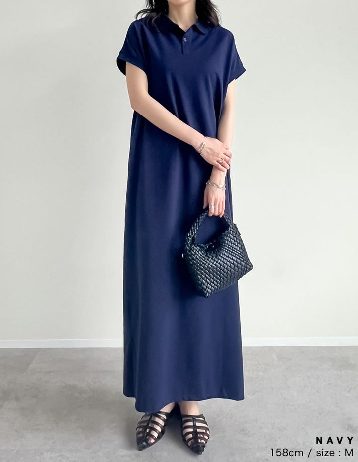 【TIME SALE 10%OFF ¥5,498⇒¥4,948】[低身長サイズ有]フレンチスリーブポロマキシワンピース ワンピース 人気レディースファッション通販 リエディ
