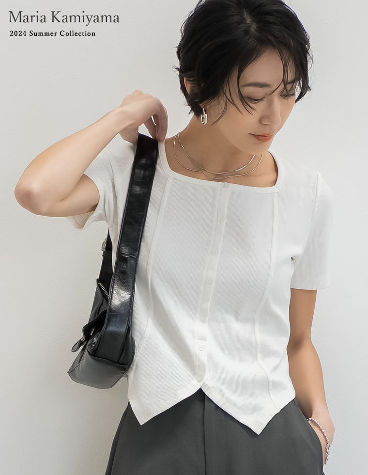 リブカットソースクエアネックトップス - トップス通販 | 人気 