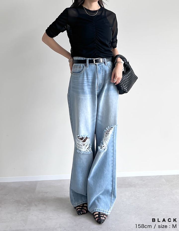 【TIME SALE 20%OFF ¥2,998⇒¥2,398】パワーメッシュギャザー半袖シアートップス[mb] トップス 人気レディースファッション通販 リエディ