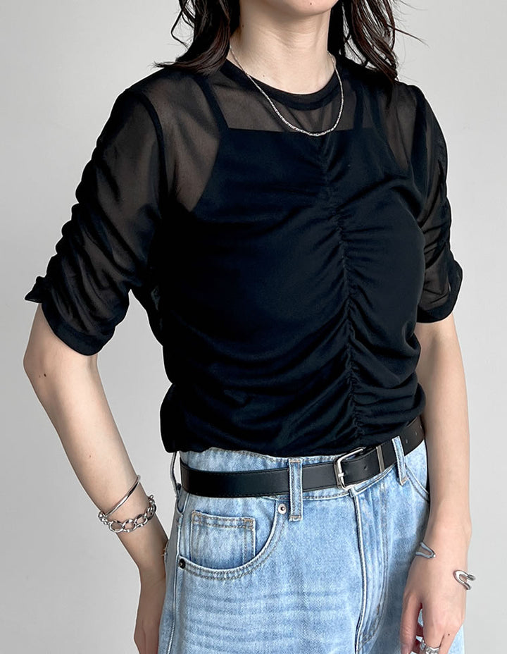 【TIME SALE 20%OFF ¥2,998⇒¥2,398】パワーメッシュギャザー半袖シアートップス[mb] トップス 人気レディースファッション通販 リエディ