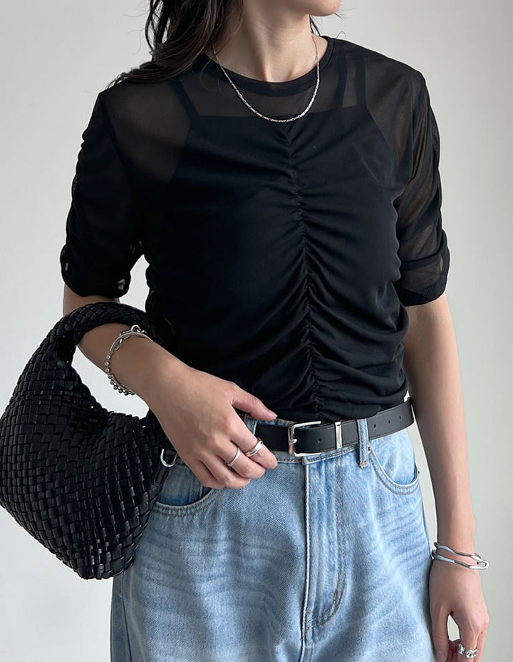 【TIME SALE 20%OFF ¥2,998⇒¥2,398】パワーメッシュギャザー半袖シアートップス[mb] トップス 人気レディースファッション通販 リエディ