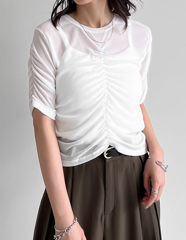 【TIME SALE 20%OFF ¥2,998⇒¥2,398】パワーメッシュギャザー半袖シアートップス[mb] トップス 人気レディースファッション通販 リエディ