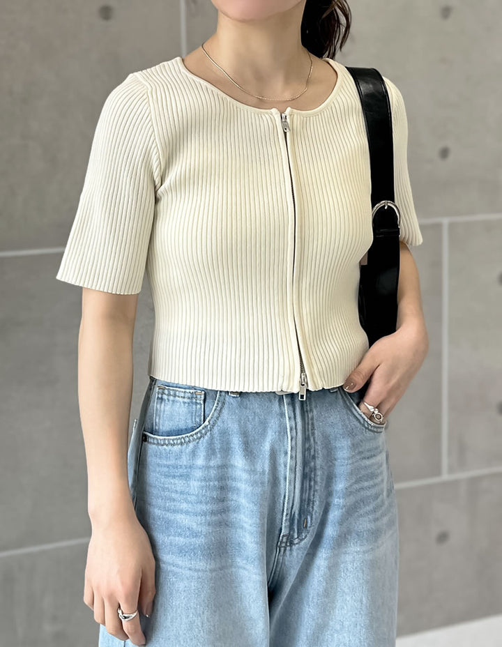 【TIME SALE 50%OFF ¥4,499⇒¥2,249】ダブルジップ半袖ニットトップス トップス 人気レディースファッション通販 リエディ