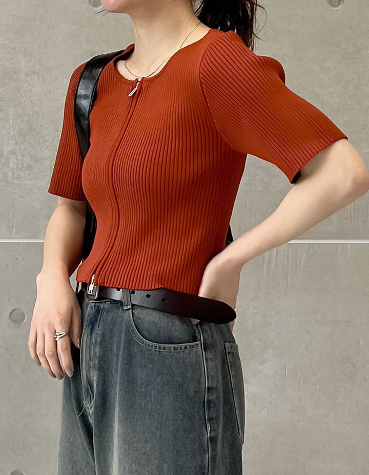 【TIME SALE 50%OFF ¥4,499⇒¥2,249】ダブルジップ半袖ニットトップス トップス 人気レディースファッション通販 リエディ