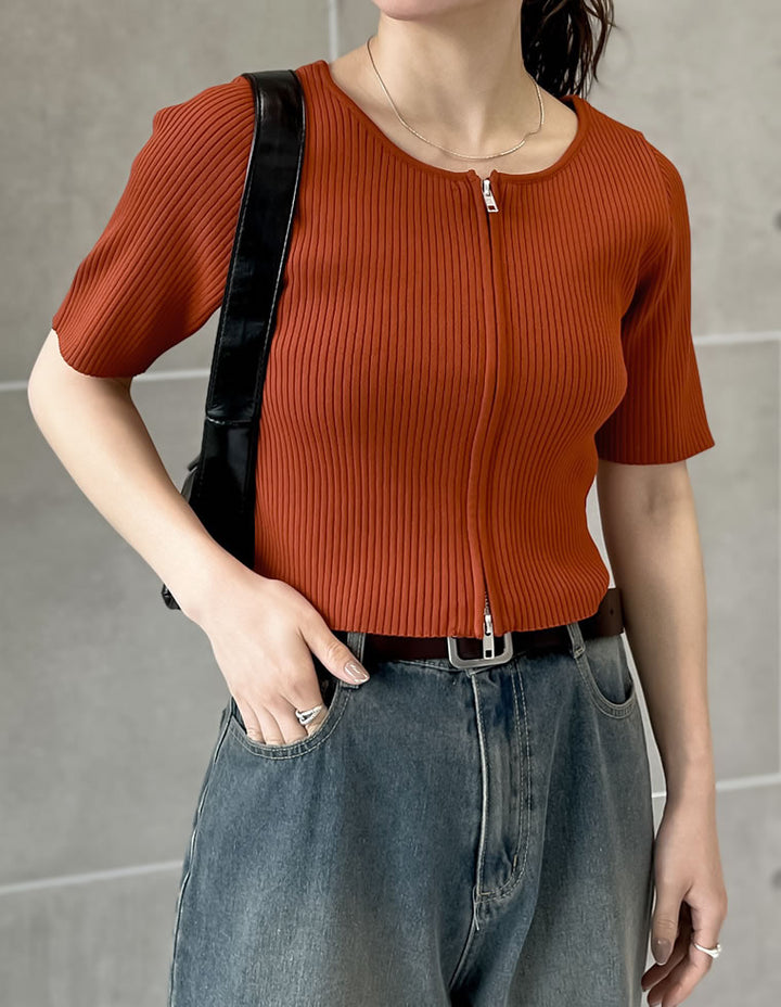 【TIME SALE 50%OFF ¥4,499⇒¥2,249】ダブルジップ半袖ニットトップス トップス 人気レディースファッション通販 リエディ