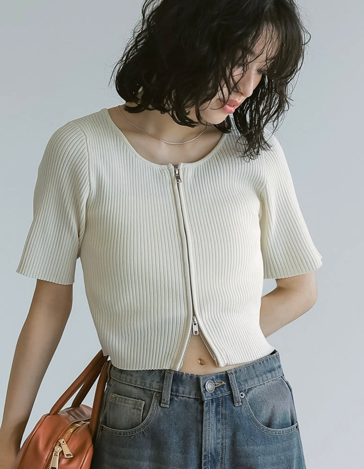 【TIME SALE 50%OFF ¥4,499⇒¥2,249】ダブルジップ半袖ニットトップス トップス 人気レディースファッション通販 リエディ