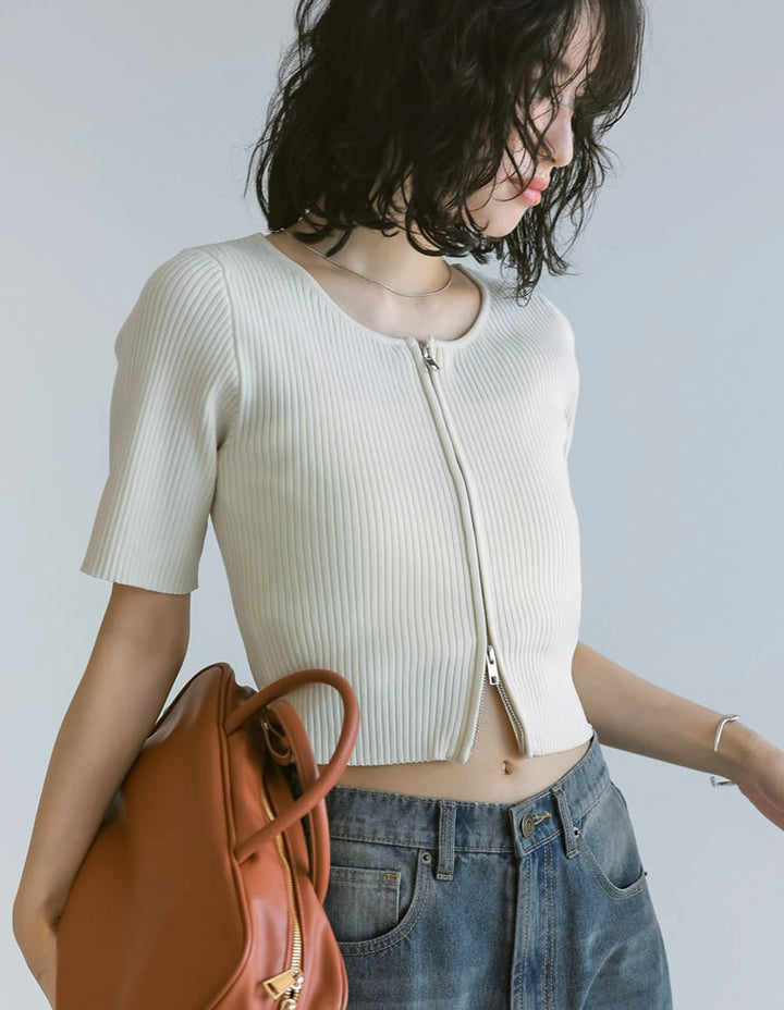 【TIME SALE 50%OFF ¥4,499⇒¥2,249】ダブルジップ半袖ニットトップス トップス 人気レディースファッション通販 リエディ