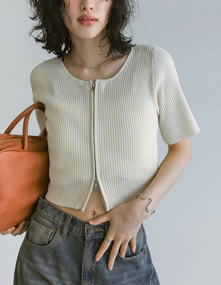 【TIME SALE 50%OFF ¥4,499⇒¥2,249】ダブルジップ半袖ニットトップス トップス 人気レディースファッション通販 リエディ