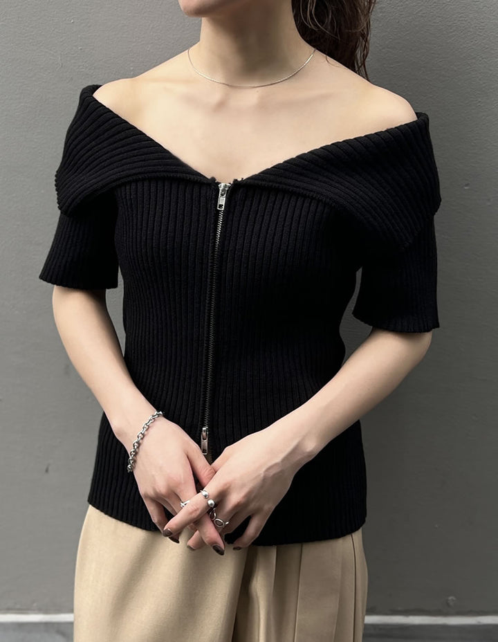 【TIME SALE 30%OFF ¥4,298⇒¥3,008】2WAYオフショルダーダブルジップニット トップス 人気レディースファッション通販 リエディ