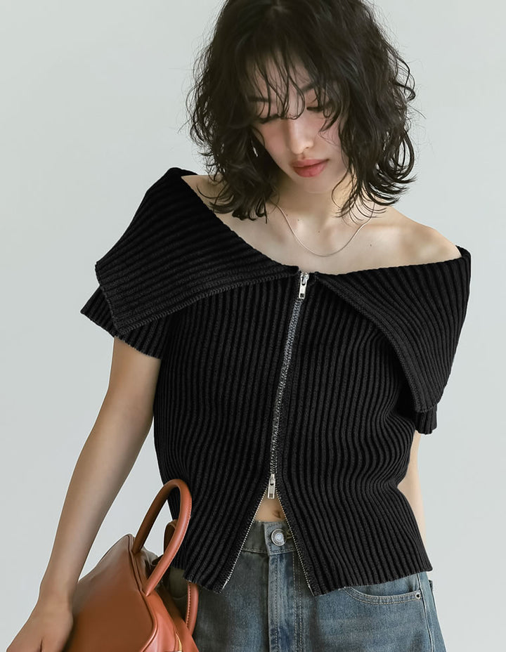 【TIME SALE 30%OFF ¥4,298⇒¥3,008】2WAYオフショルダーダブルジップニット トップス 人気レディースファッション通販 リエディ