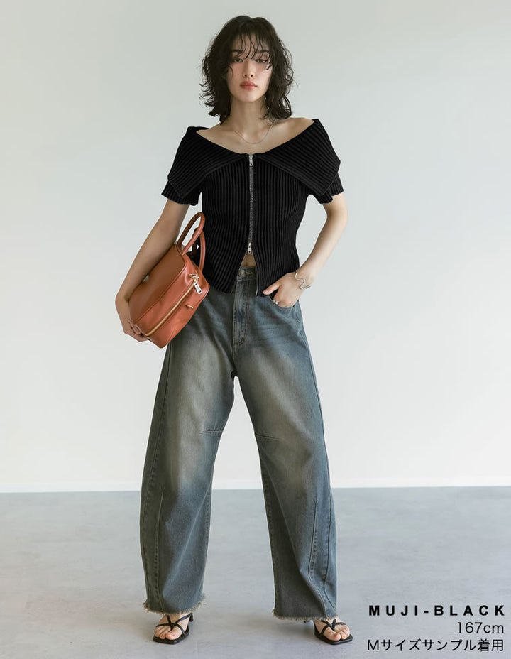 【TIME SALE 30%OFF ¥4,298⇒¥3,008】2WAYオフショルダーダブルジップニット トップス 人気レディースファッション通販 リエディ