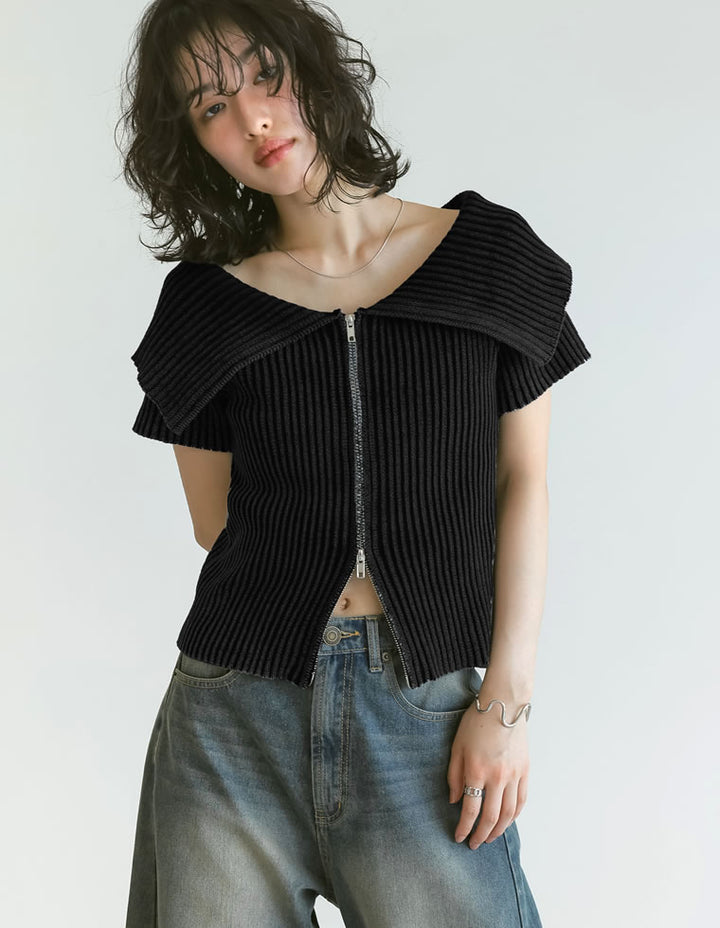 【TIME SALE 30%OFF ¥4,298⇒¥3,008】2WAYオフショルダーダブルジップニット トップス 人気レディースファッション通販 リエディ