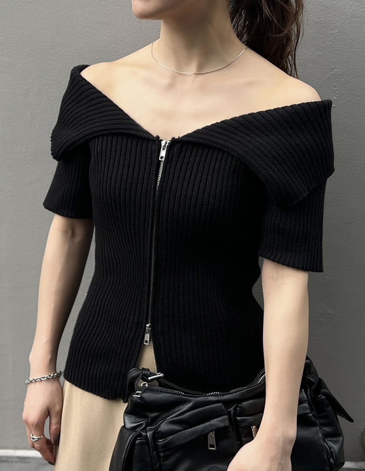 【TIME SALE 30%OFF ¥4,298⇒¥3,008】2WAYオフショルダーダブルジップニット トップス 人気レディースファッション通販 リエディ