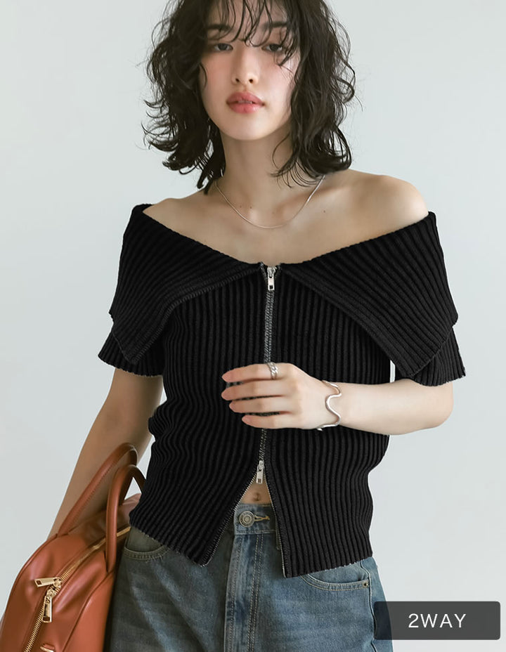 【TIME SALE 30%OFF ¥4,298⇒¥3,008】2WAYオフショルダーダブルジップニット トップス 人気レディースファッション通販 リエディ
