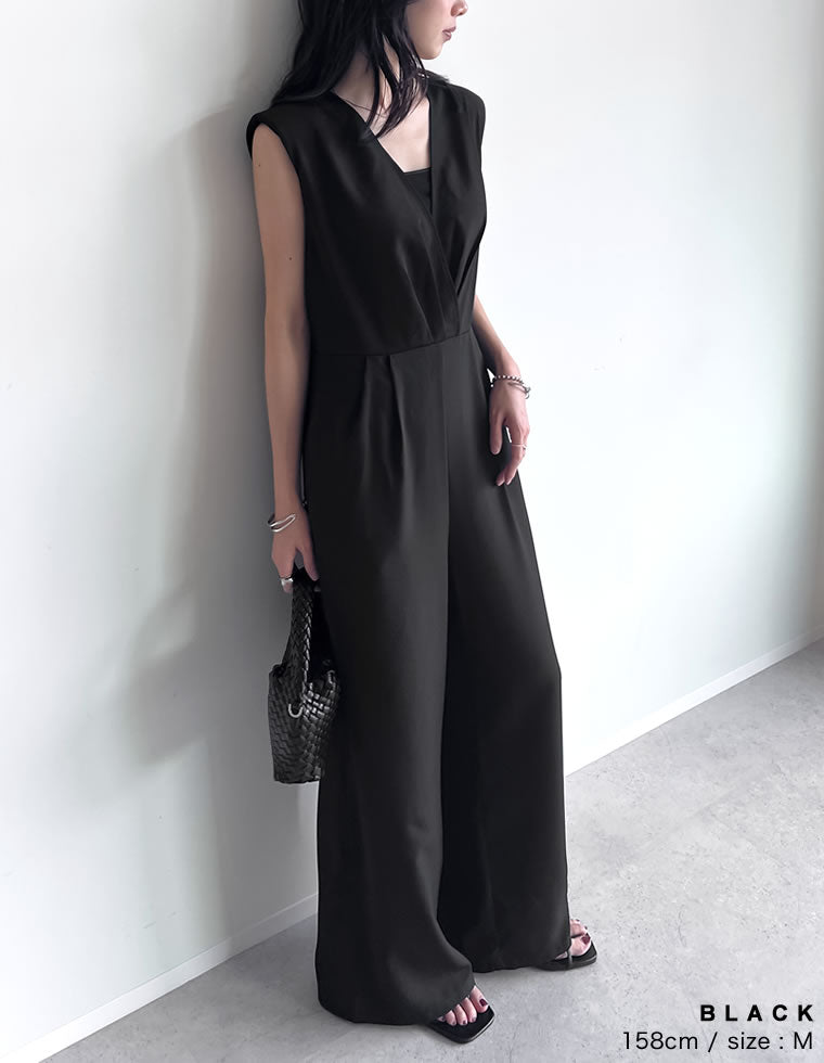 カシュクール肩パットVネックオールインワン - オールインワン通販