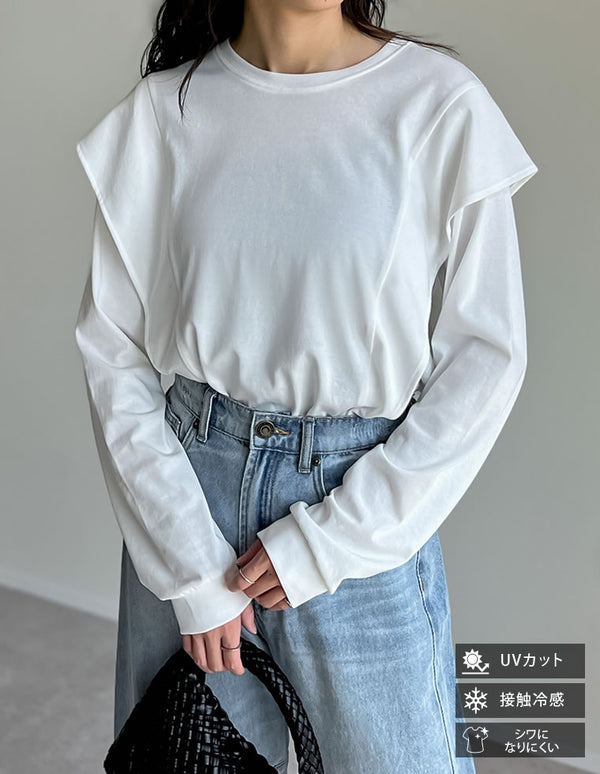 《期間限定！2BUY15%OFFクーポン対象》【SUMMER TIMESALE 40%OFF ¥2,998⇒¥1,798】[UVカット][接触冷感]ラッフルショルダーロングスリーブＴシャツ[mb]