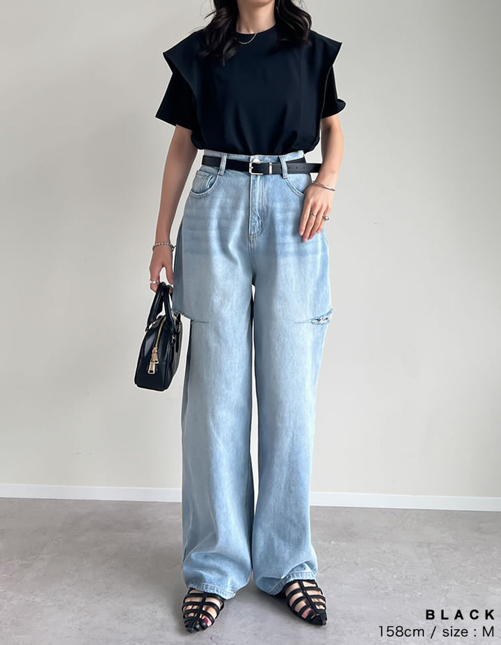 【限定TIME SALE 5%OFF ¥2,998⇒¥2,848】[UVカット][紫外線対策][二の腕カバー]天竺ラッフルショルダーＴシャツ[mb] トップス 人気レディースファッション通販 リエディ