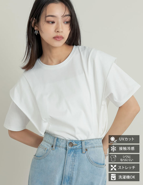 【限定TIME SALE 5%OFF ¥2,998⇒¥2,848】[UVカット][紫外線対策][二の腕カバー]天竺ラッフルショルダーＴシャツ[mb]