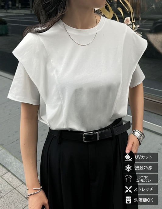 【TIME SALE 20%OFF】[夏の体型カバーに◎][接触冷感][UVカット][紫外線対策][二の腕カバー]天竺ラッフルショルダーＴシャツ[mb] トップス 人気レディースファッション通販 リエディ