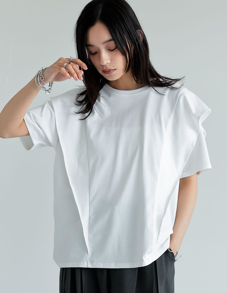ENFOLD シルケット天竺 ラッフルヘム Tシャツ ENFOLD(エンフォルド)｜ソフト天竺 Hexagon T/SH Tシャツ/ホワイト の