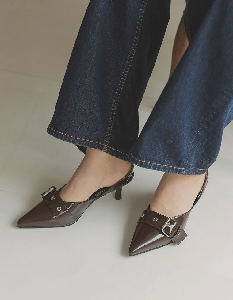 太ベルトデザインポインテッドトゥミュール - シューズ通販